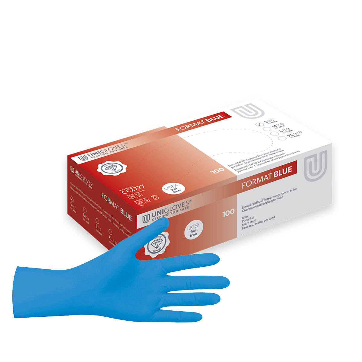 Unigloves® Format nitril handschoenen poedervrij blauw - M (7-8)