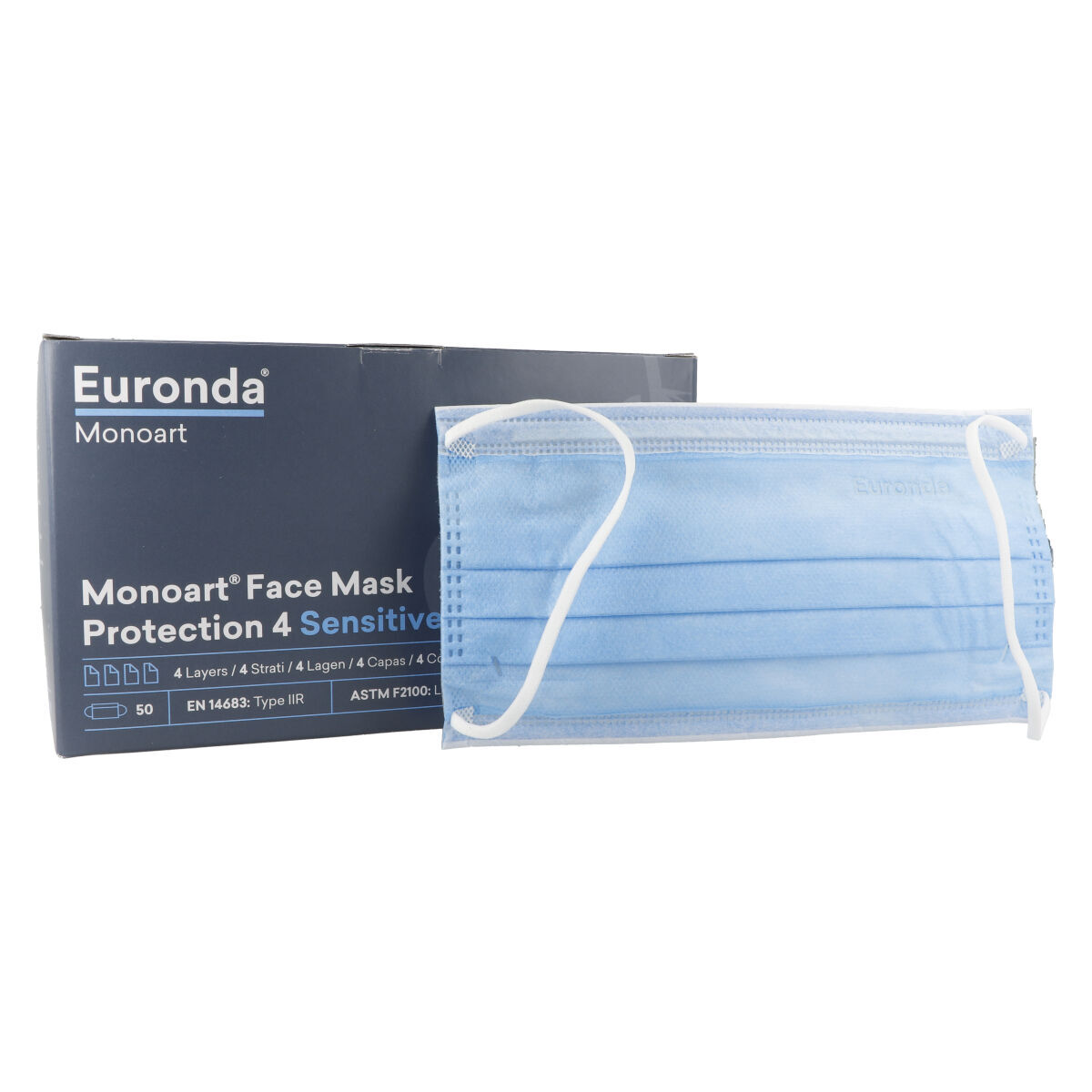 Monoart® Pro 4 Masques sans latex type IIR avec élastique - bleu clair