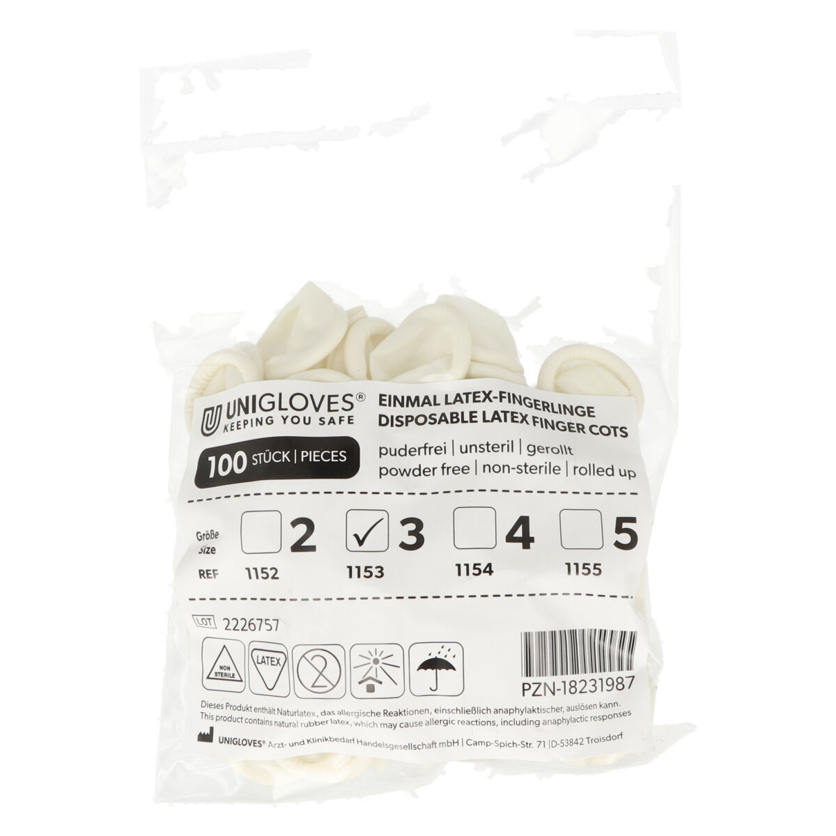 Unigloves® Doigtier en latex sans poudre à usage unique