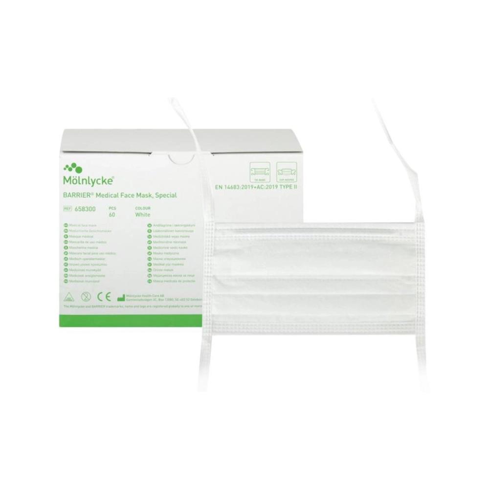 Mölnlycke Medical Face masks Soft Type II, Cup-keeper avec cord. blanc 60 pcs