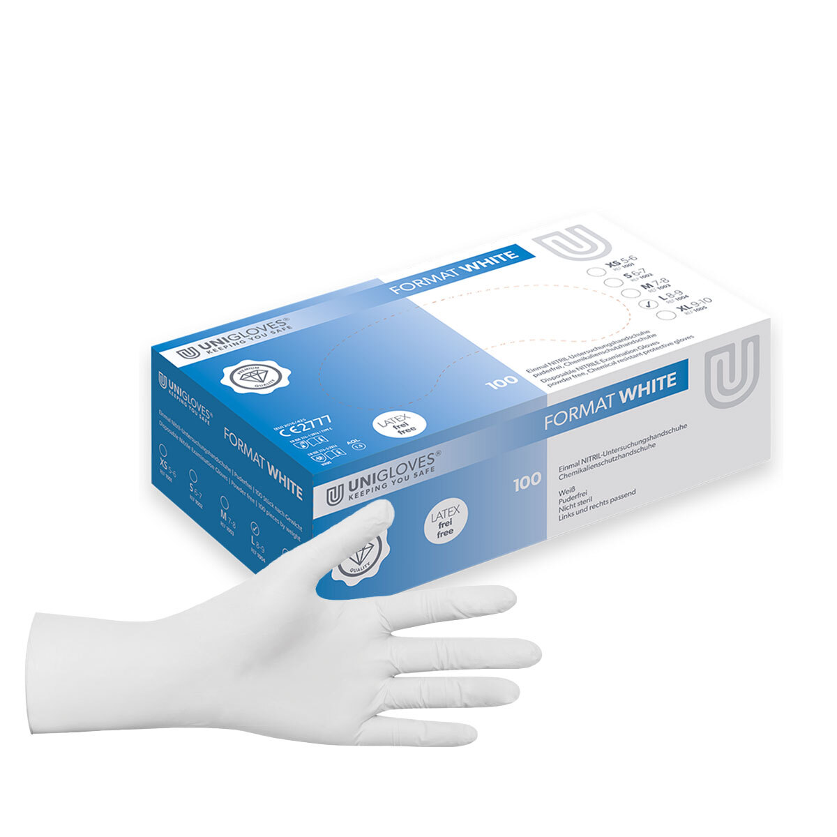 Unigloves® Format gants d'examen en nitrile non poudrés blanc - L (8-9)