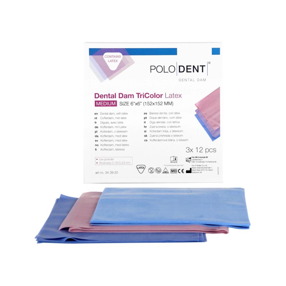 PoloDent Digue dentaire Tricolore latex moyenne, 6""x 6"" 3x 12 feuilles