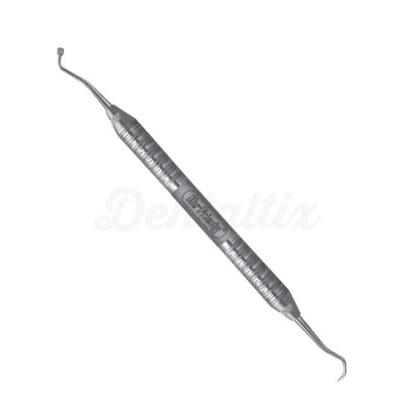 Instrument double : Détartreur/pousse-bagues, sonde/guide de ligature, obturateur/ligatures