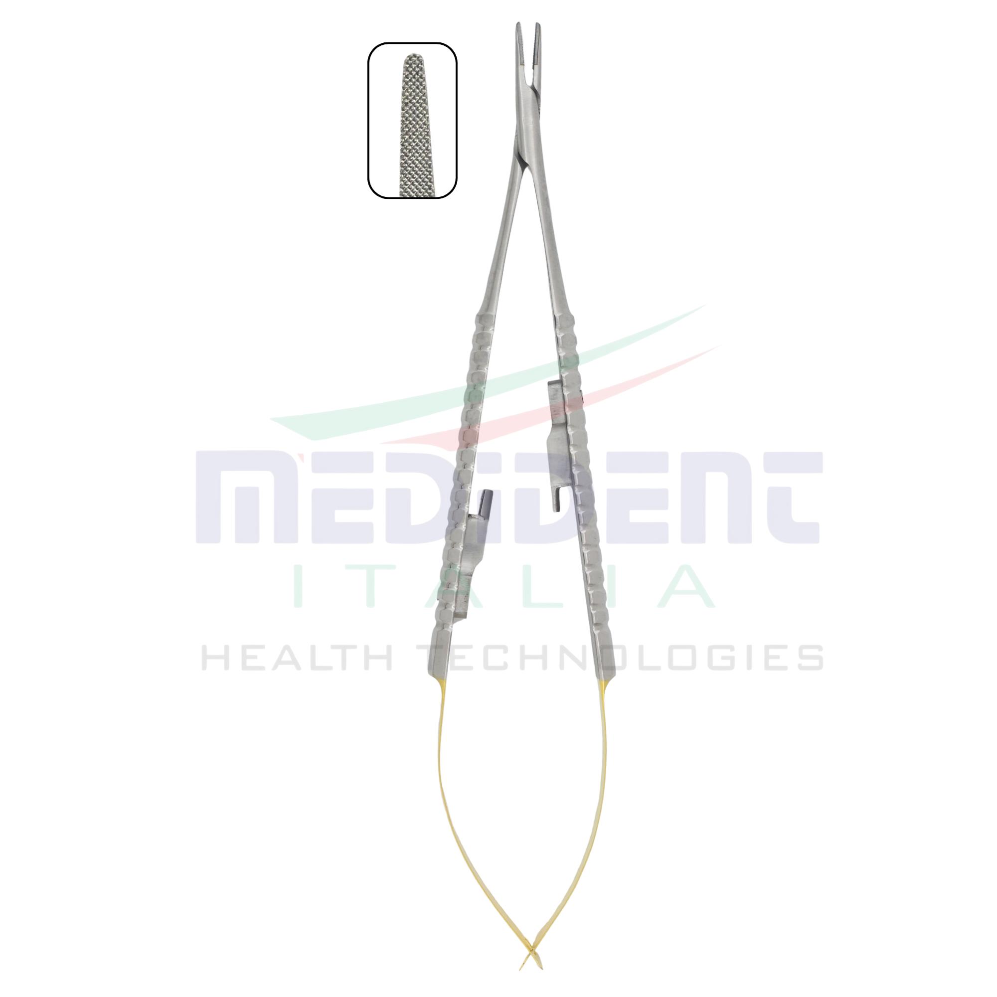 Naaldvoerder Castroviejo TC-insert ronde handgreep gebogen 18cm naaldmaat 5-0,6-0,7-0,8-0,9-0,10-0 ref. 1004-24