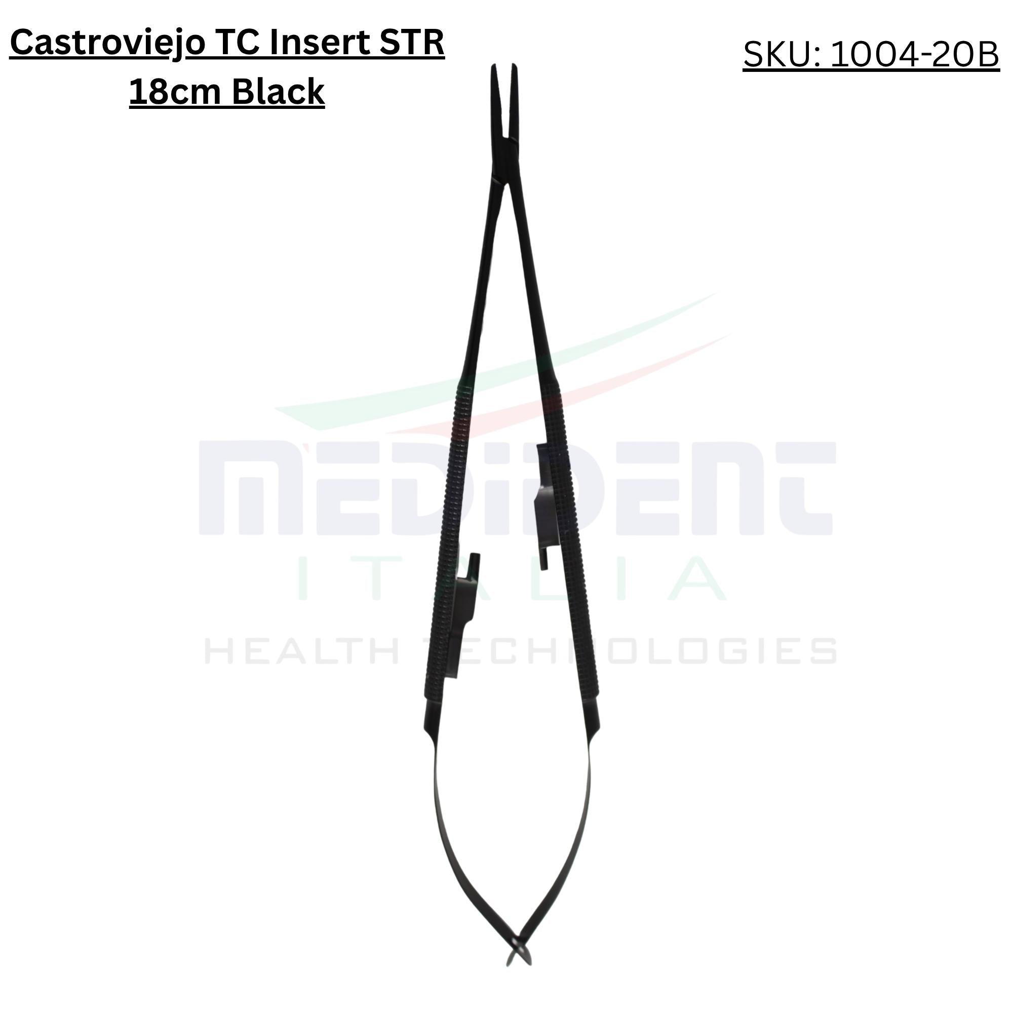 Naaldvoerder Castroviejo TC-insert ronde handgreep recht 18cm zwarte punten, naaldmaat 5-0,6-0,7-0,8-0,9-0,10-0 ref. 1004-20B