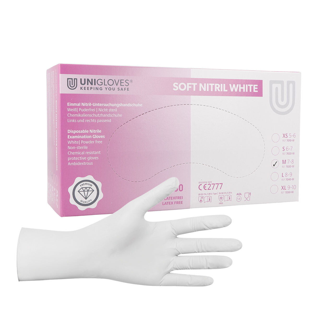 Unigloves SOFT® white premium gants en nitrile non poudrés blanc - M (7-8)