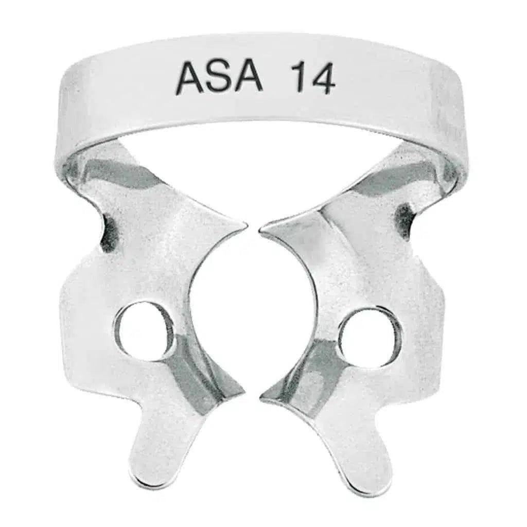 Crampon à digue à ailettes Asa Dental pour molaires, mors partiellement ronds