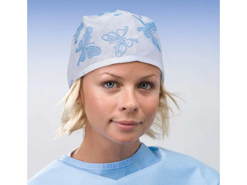 Surgical cap with fixed laces (with printing) White